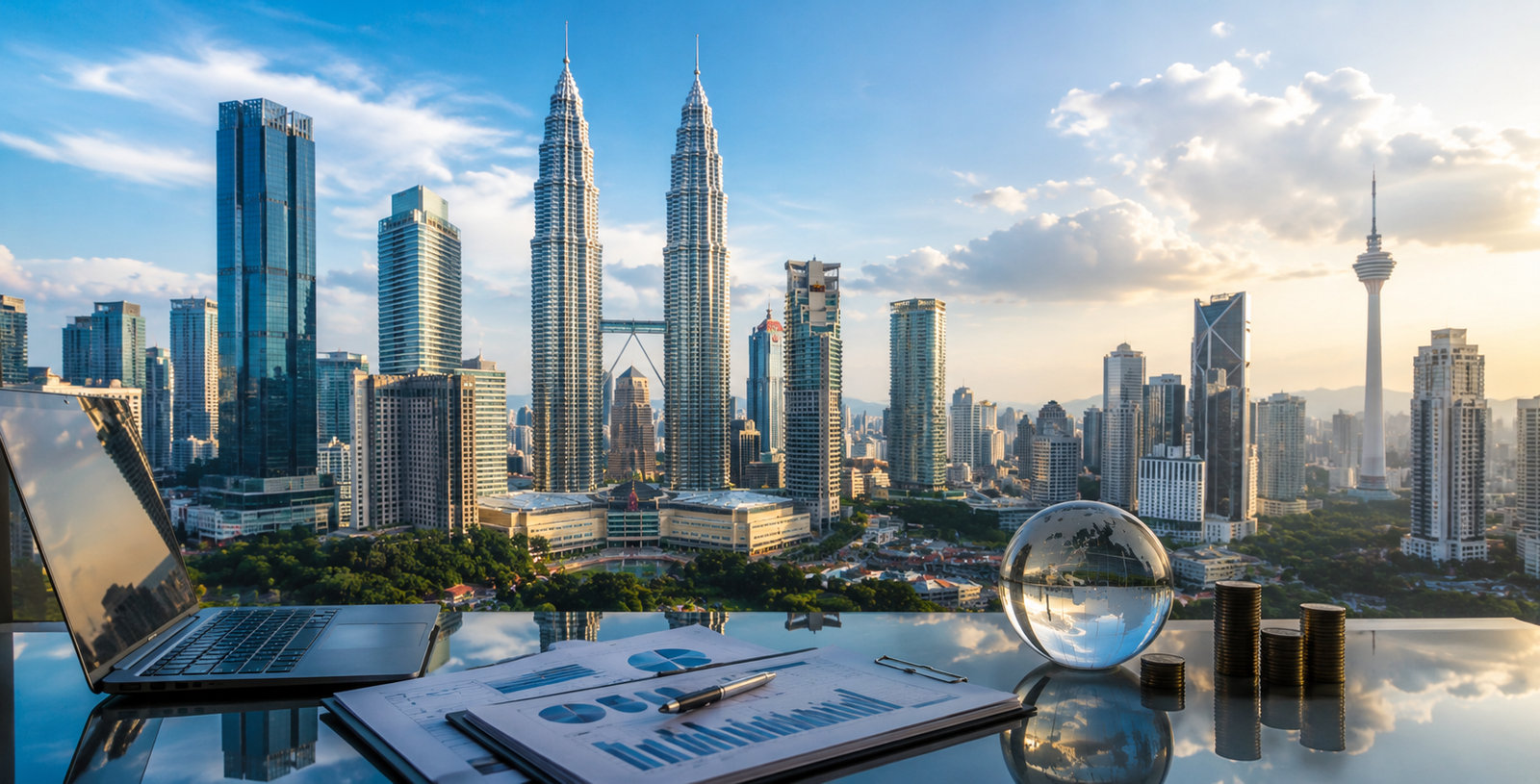 Kuala Lumpur skyline with Petronas Towers, viewed from an investment office desk
