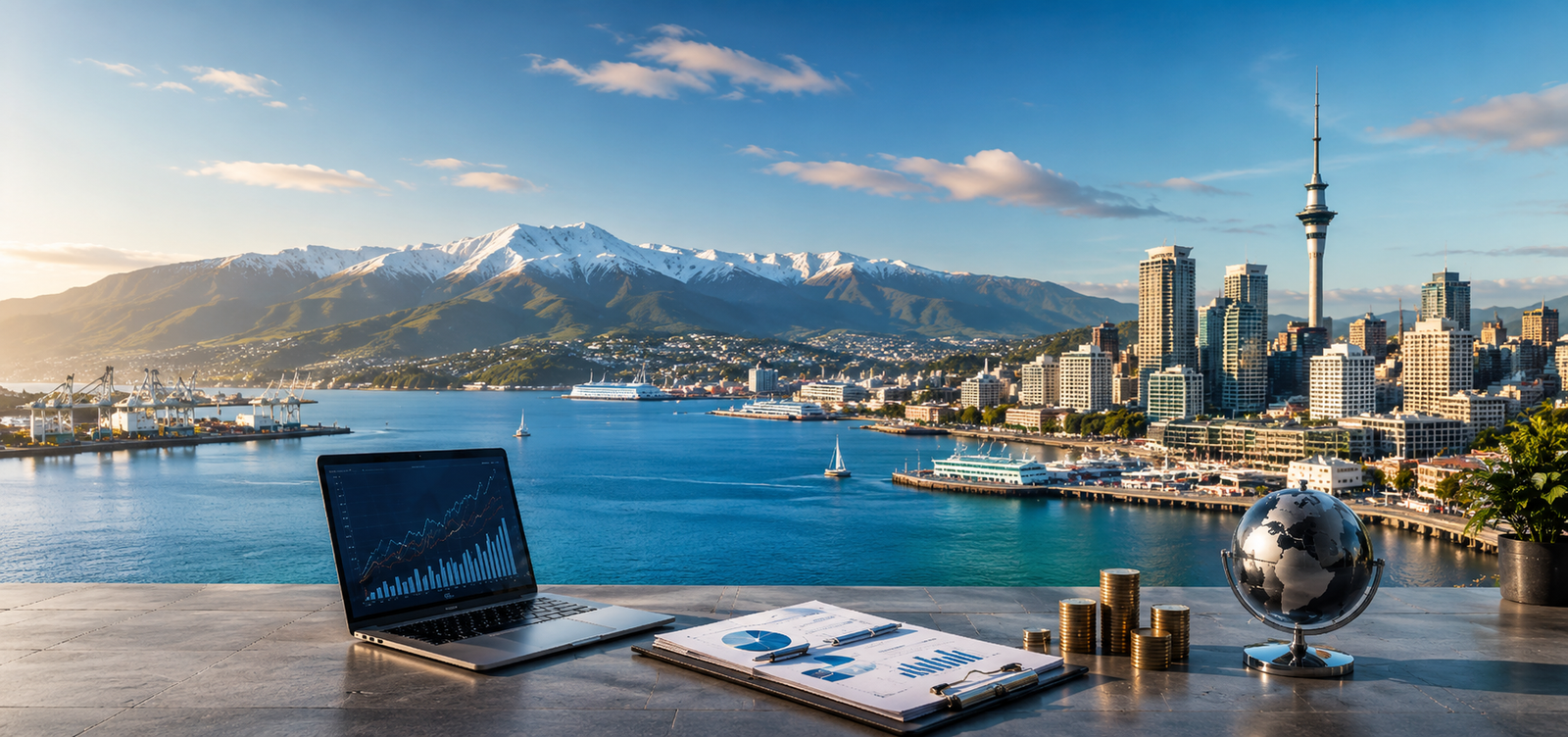 Auckland skyline and harbour, viewed from an investment office desk