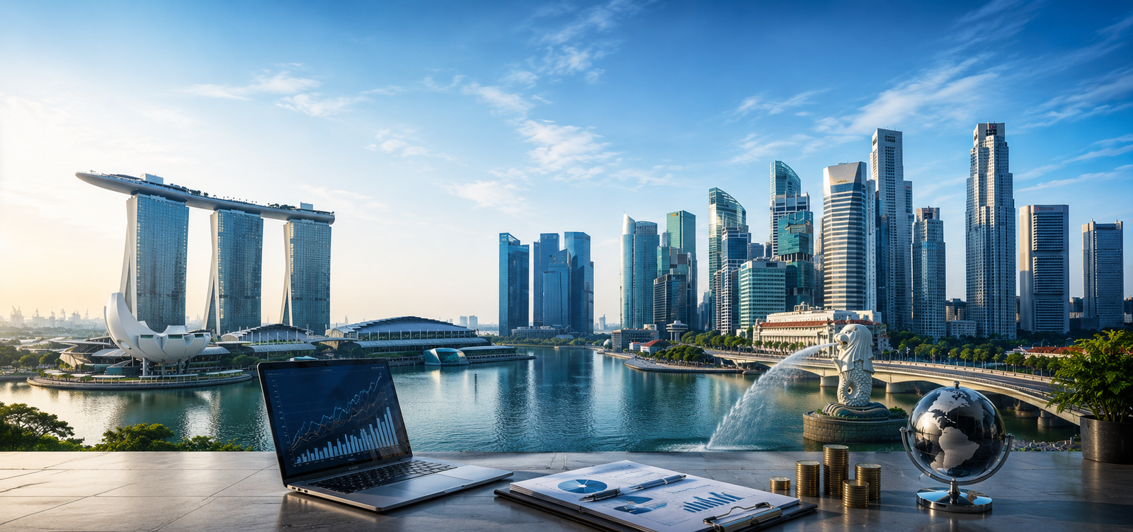 Singapore skyline and Marina Bay, viewed from an investment office desk