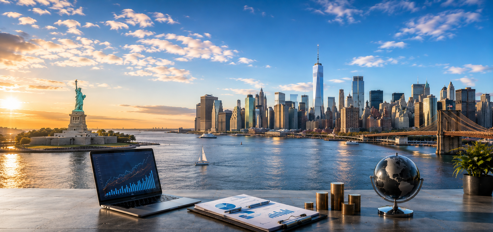 New York skyline and Statue of Liberty, viewed from an investment office desk