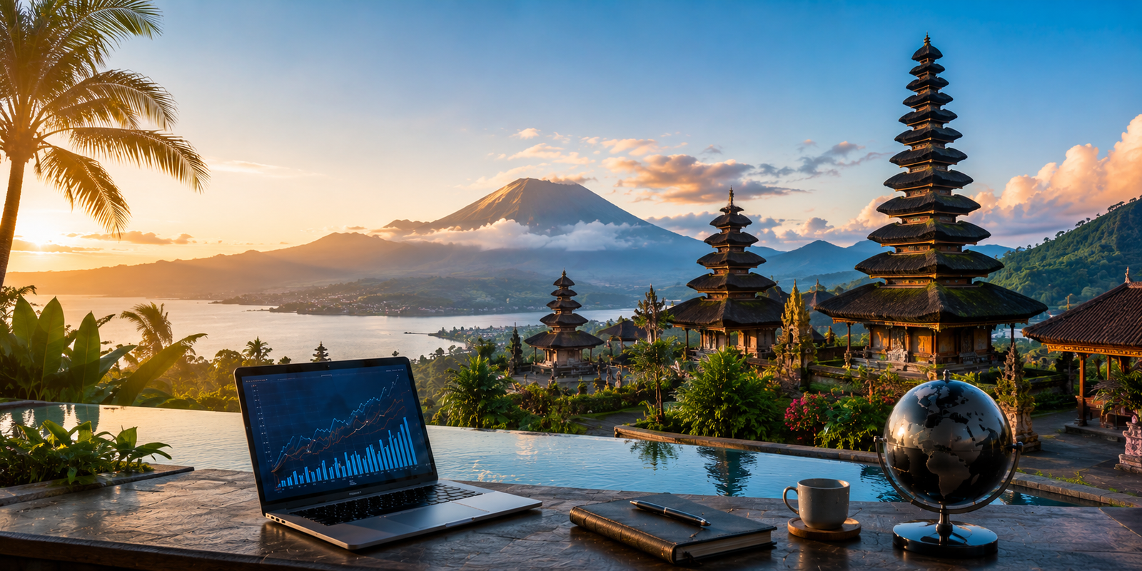 Bali temples, mountains, and coastline, viewed from an investment office desk